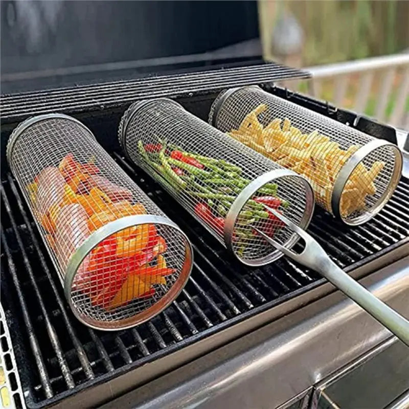 Rolling Basket Barbecue Grill Grate Camping Picnic Cookware Outdoor Round BBQ Campfire Grill Grid Barbecue Cages